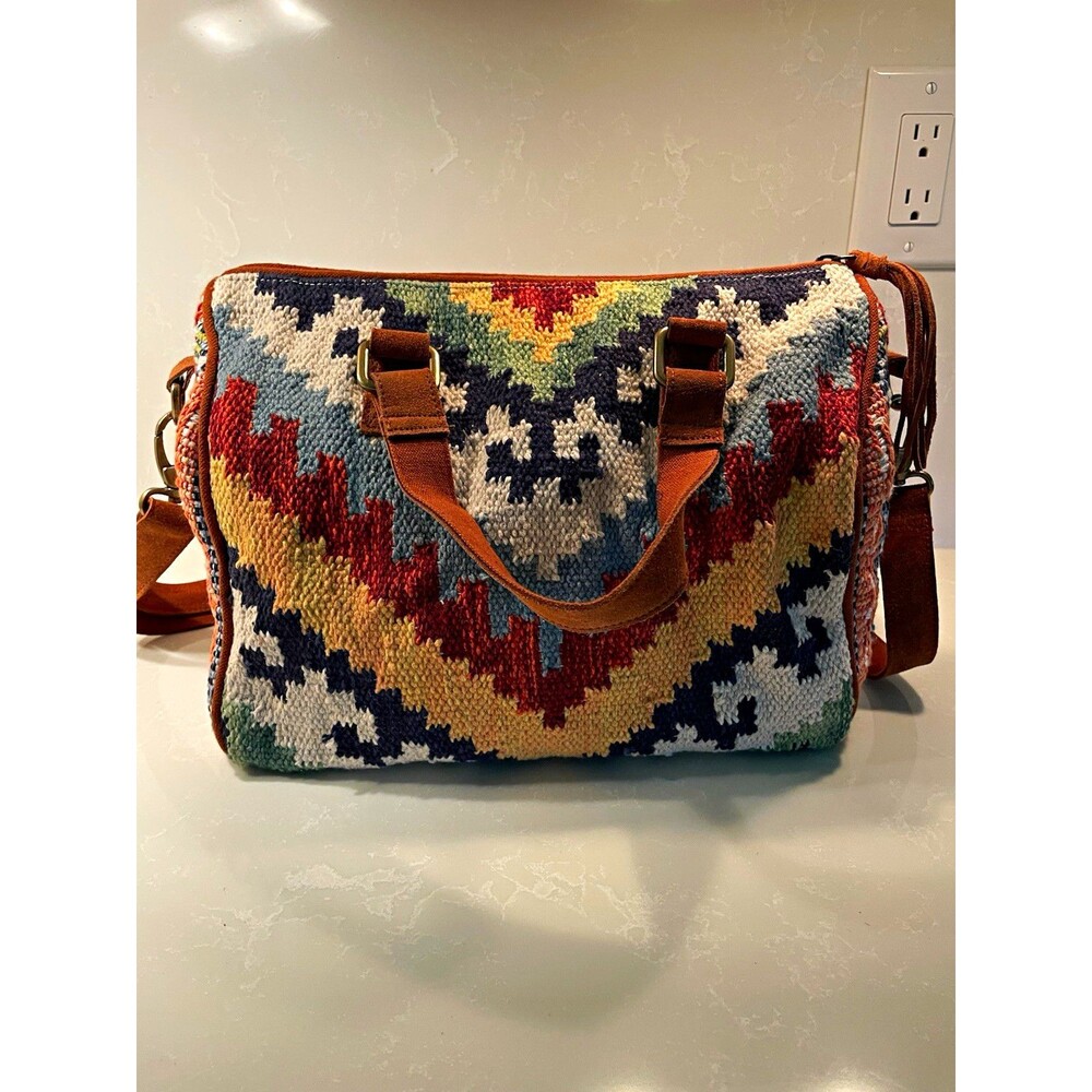 Woven Ruggine Belmont Boston Geometric Boho Bag with Adjustable Suede Strap